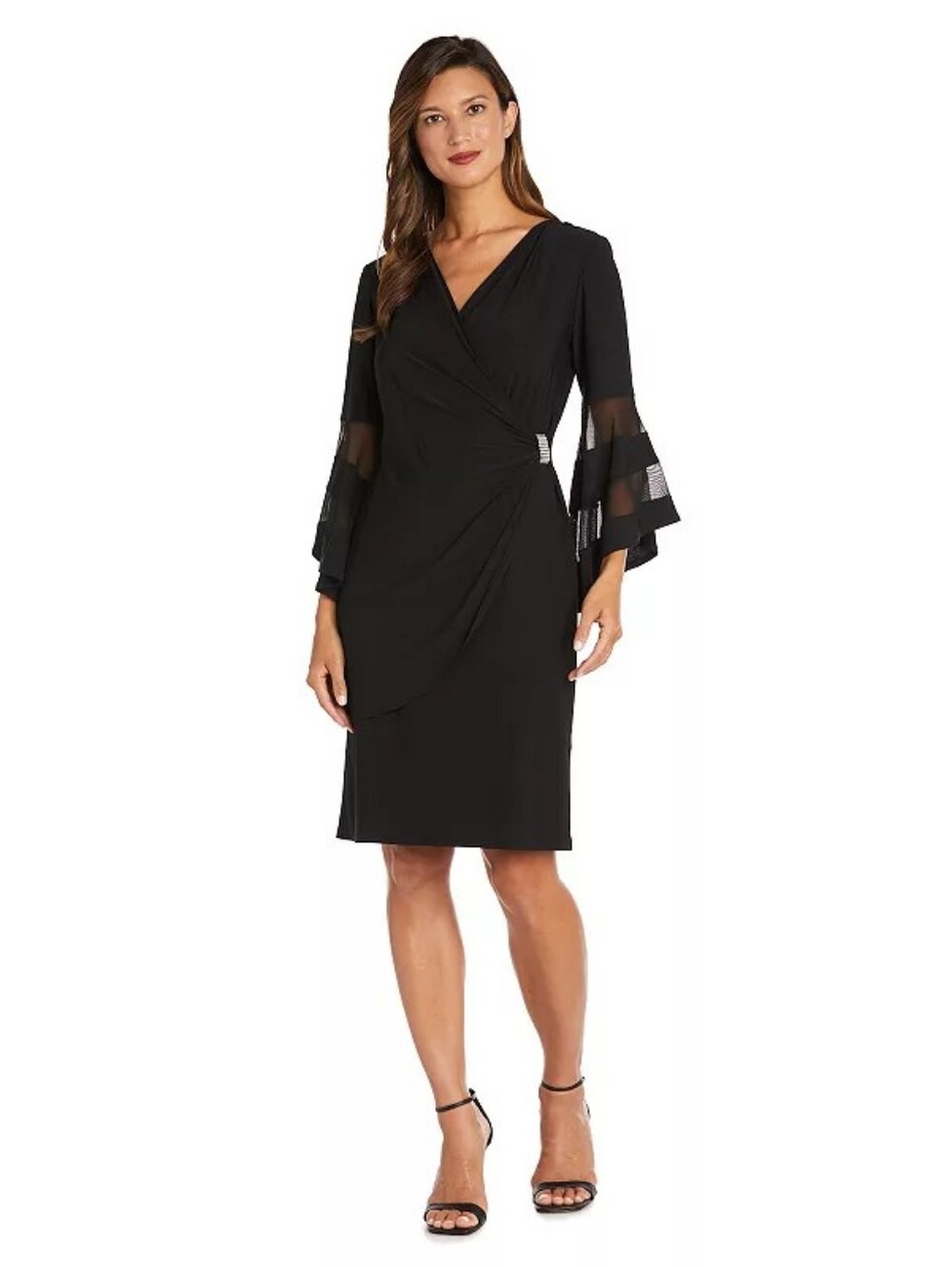 R & M Richards Sheer Trim Angel Sleeve Wrap  Dress Rhinestone Accent Navy Sz.10P